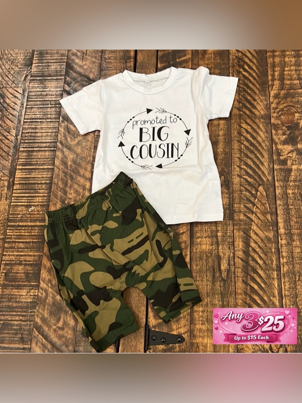 Promoted to Big Cousin shirt & Camo camouflaged pants size 2T/3T outfit